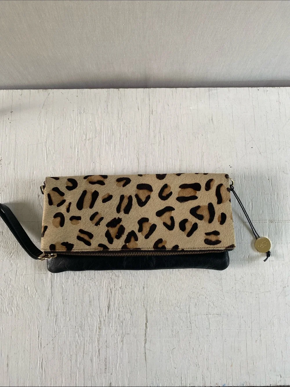 Leopard Calf hair leather Foldover Wristlet Clutch - Black & Tan